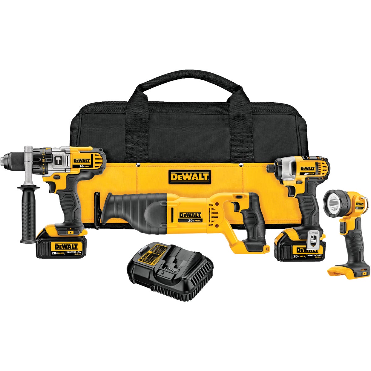 DeWalt 4-Tool 20V MAX XR Lithium-Ion Hammer Drill, Reciprocating Saw, Impact Driver & Work Light Cordless Tool Combo Kit