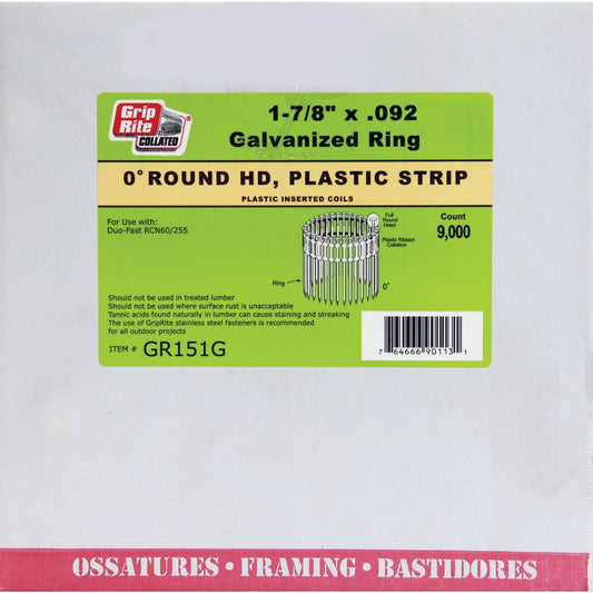 Grip-Rite 0 Degree Plastic Strip Galvanized Coil Siding Nail, 1-7/8 In. x .092 In. (9000 Ct.)