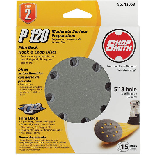 Shop Smith 5 In. 120-Grit 8-Hole Pattern Vented Sanding Disc with Hook & Loop Backing (15-Pack)