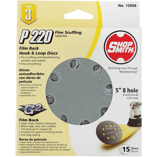 Shop Smith 5 In. 220-Grit 8-Hole Pattern Vented Sanding Disc with Hook & Loop Backing (15-Pack)