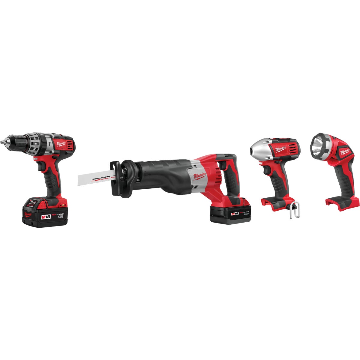 Milwaukee 4-Tool M18 Lithium-Ion Hammer Drill, Reciprocating Saw, Impact Driver & Work Light Cordless Tool Combo Kit