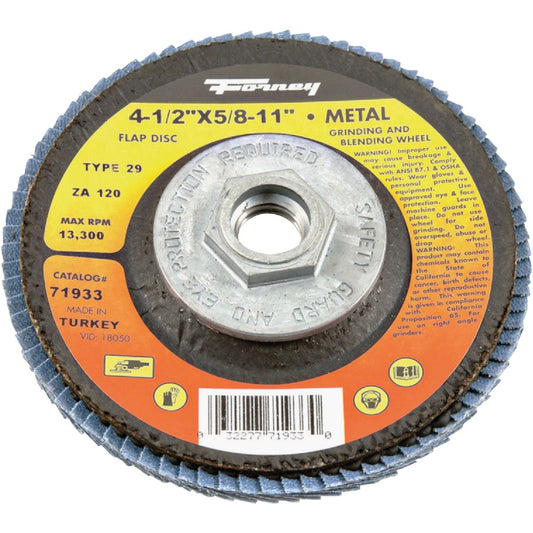 Forney 4-1/2 In. x 5/8 In.-11 120-Grit Type 29 Blue Zirconia Angle Grinder Flap Disc