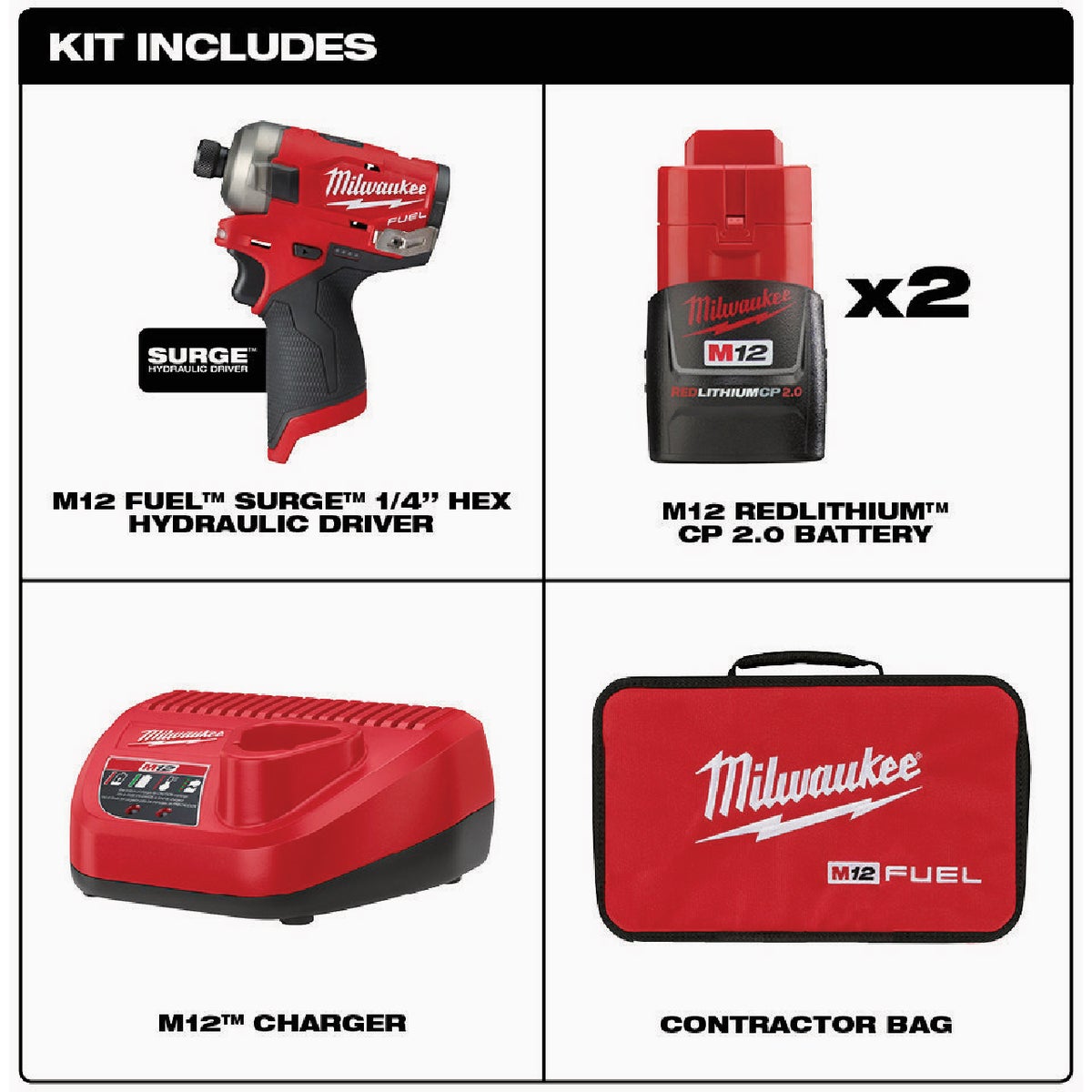 Milwaukee M12 FUEL SURGE 12 Volt Lithium-Ion Brushless 1/4 In. Hex Hydraulic Cordless Impact Driver Kit