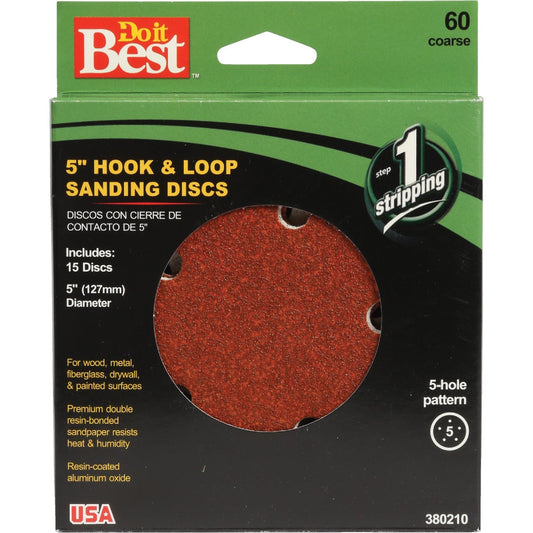 Do it Best 5 In. 60-Grit 5-Hole Pattern Vented Sanding Disc with Hook & Loop Backing (15-Pack)