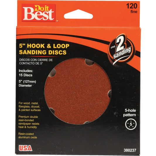 Do it Best 5 In. 120-Grit 5-Hole Pattern Vented Sanding Disc with Hook & Loop Backing (15-Pack)