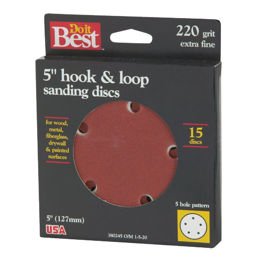 Do it Best 5 In. 220-Grit 5-Hole Pattern Vented Sanding Disc with Hook & Loop Backing (15-Pack)