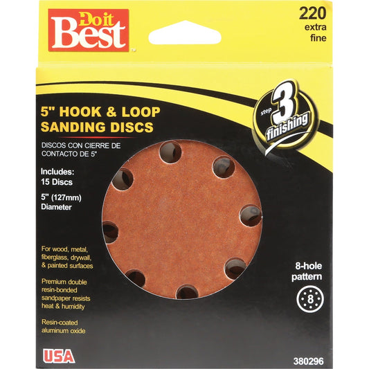 Do it Best 5 In. 220-Grit 8-Hole Pattern Vented Sanding Disc with Hook & Loop Backing (15-Pack)