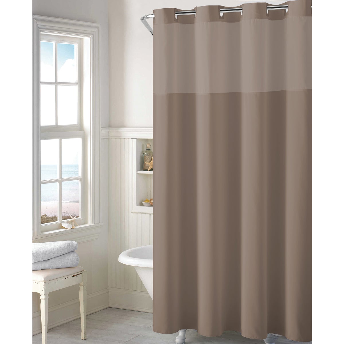 SureFit 71 In. x 74 In. Desert Taupe EZ-On Hookless Shower Curtain with PEVA Liner