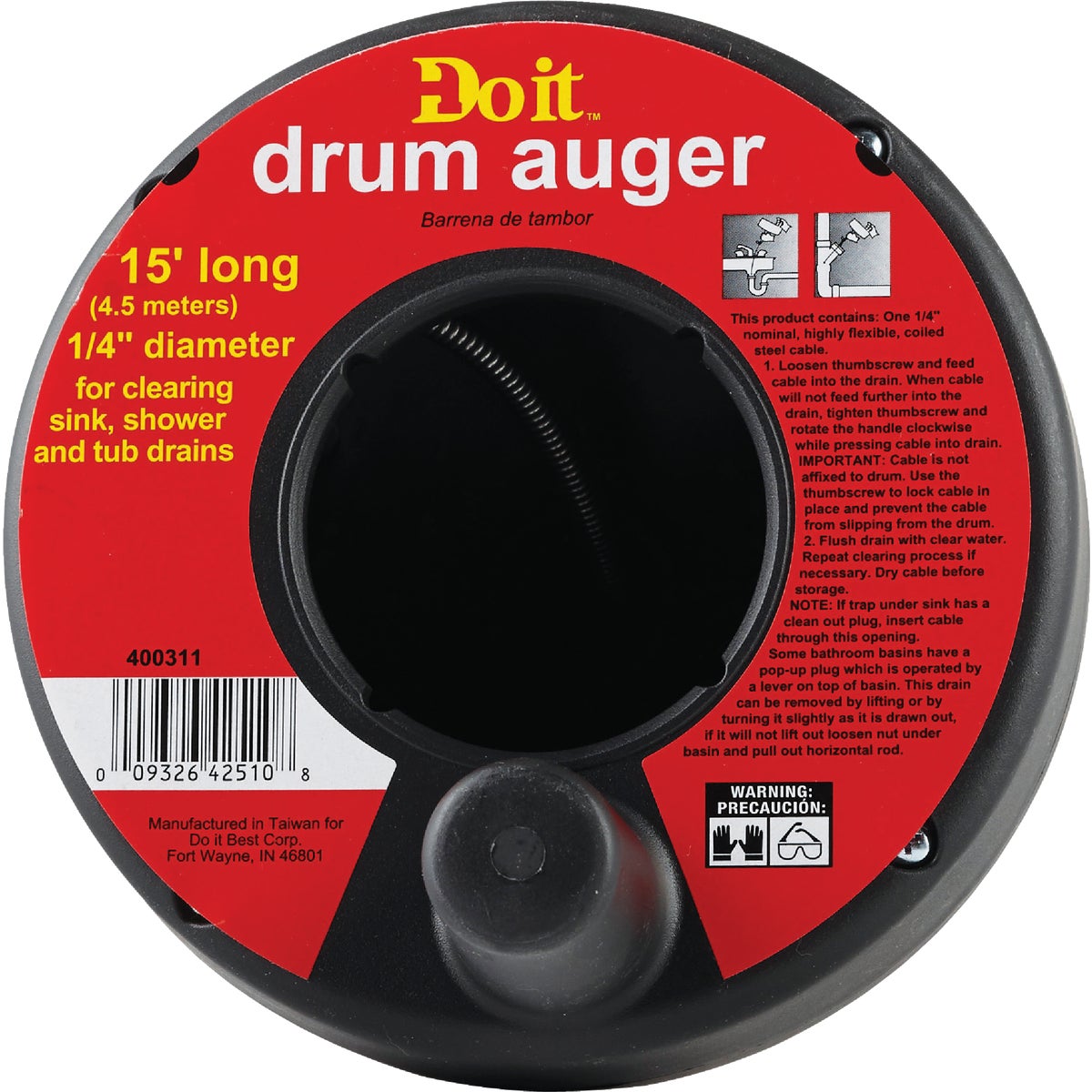 Do it Best 1/4 In. x 15 Ft. Molded Polymer Drum Drain Auger