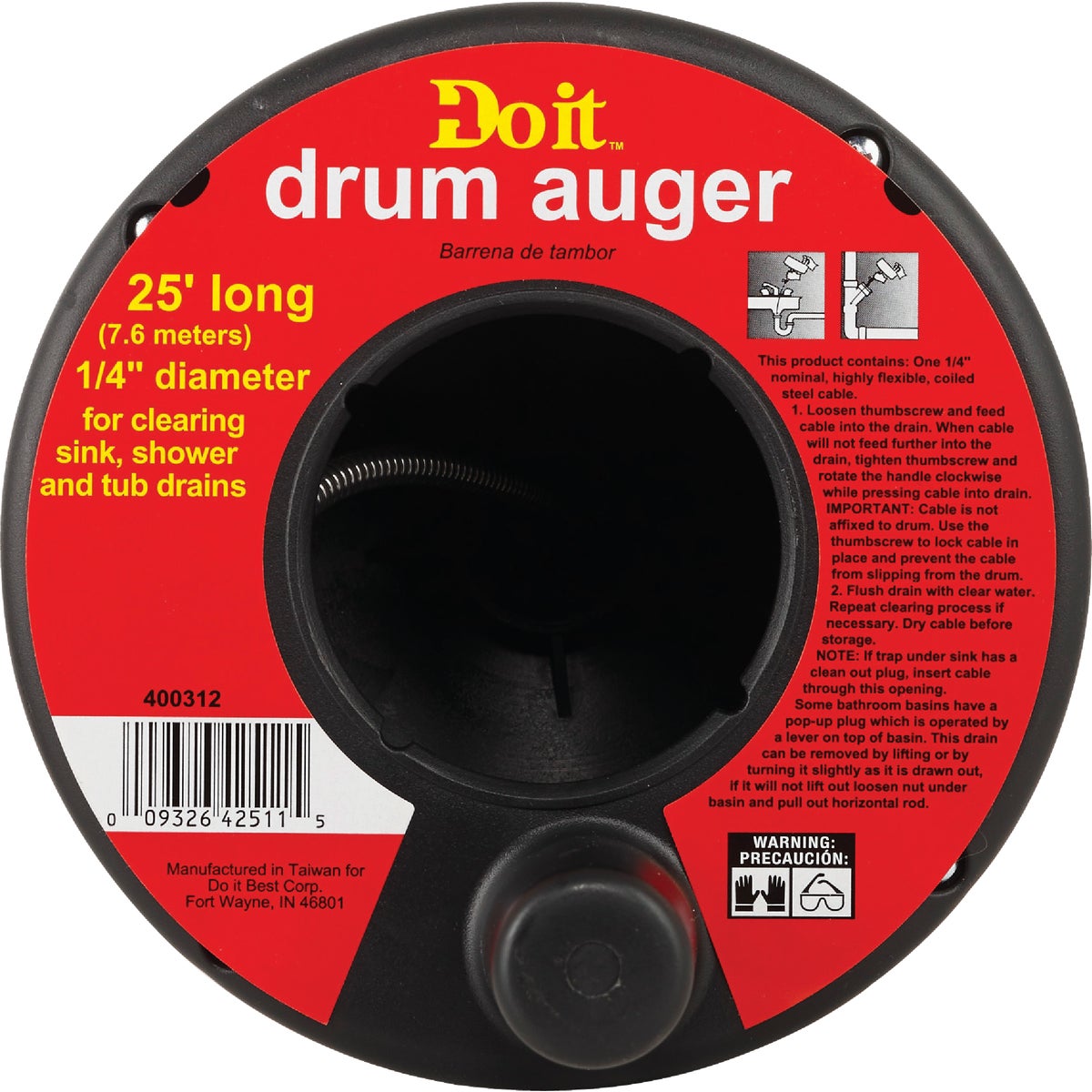 Do it Best 1/4 In. x 25 Ft. Molded Polymer Drum Drain Auger