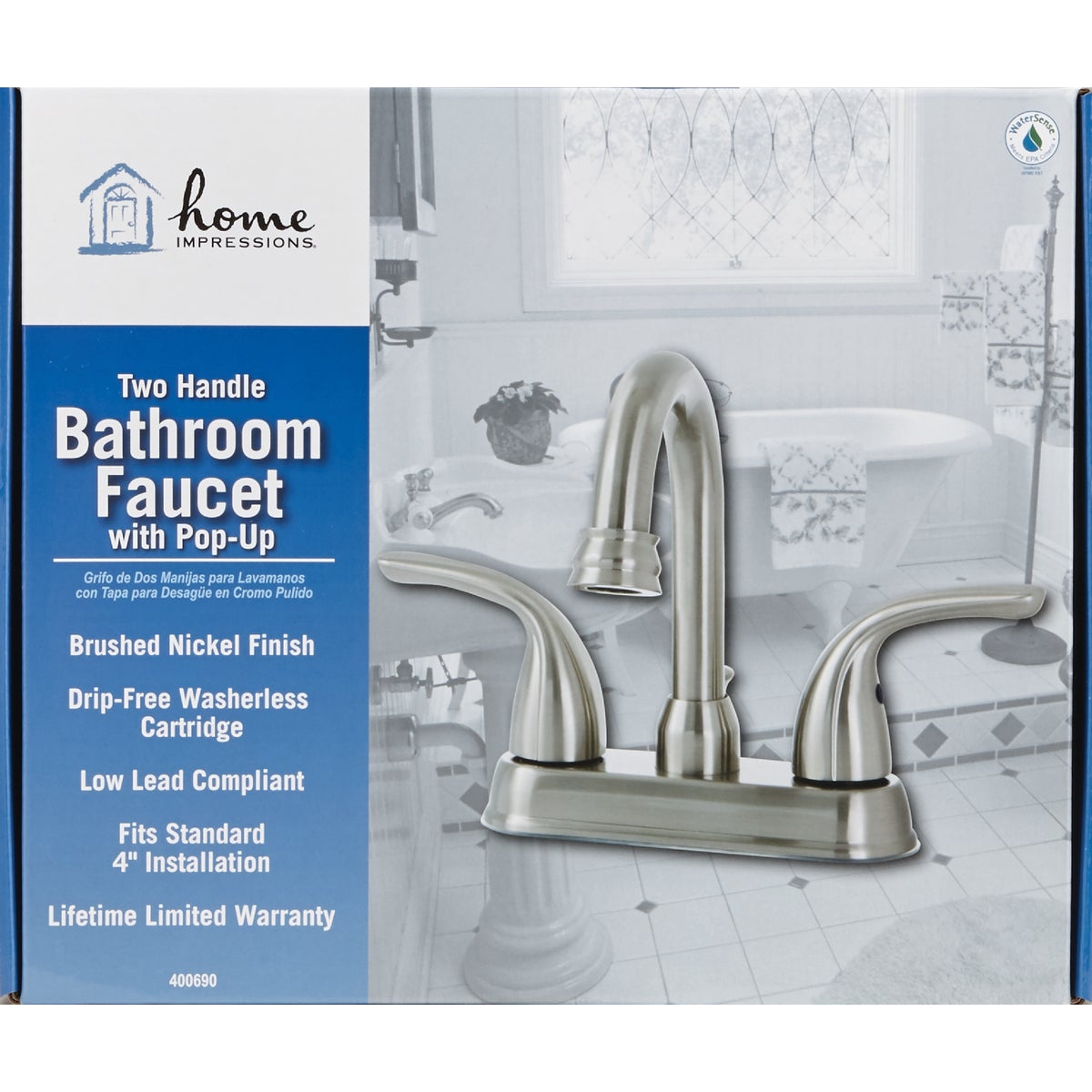 Home Impressions Brushed Nickel 2-Handle Lever 4 In. Centerset Bathroom Faucet with Pop-Up