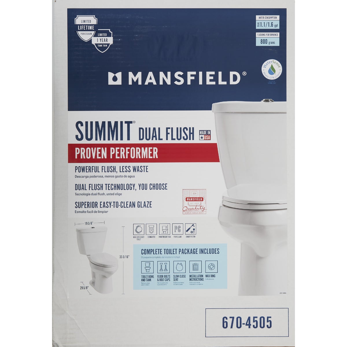 Mansfield Summit SmartHeight White Elongated Bowl 1.28 GPF Complete Toilet