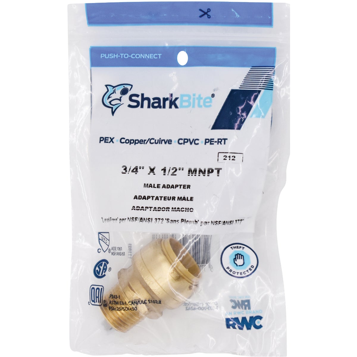 SharkBite 3/4 In. x 1/2 In. MNPT Bullnose Brass Push-to-Connect Male Adapter