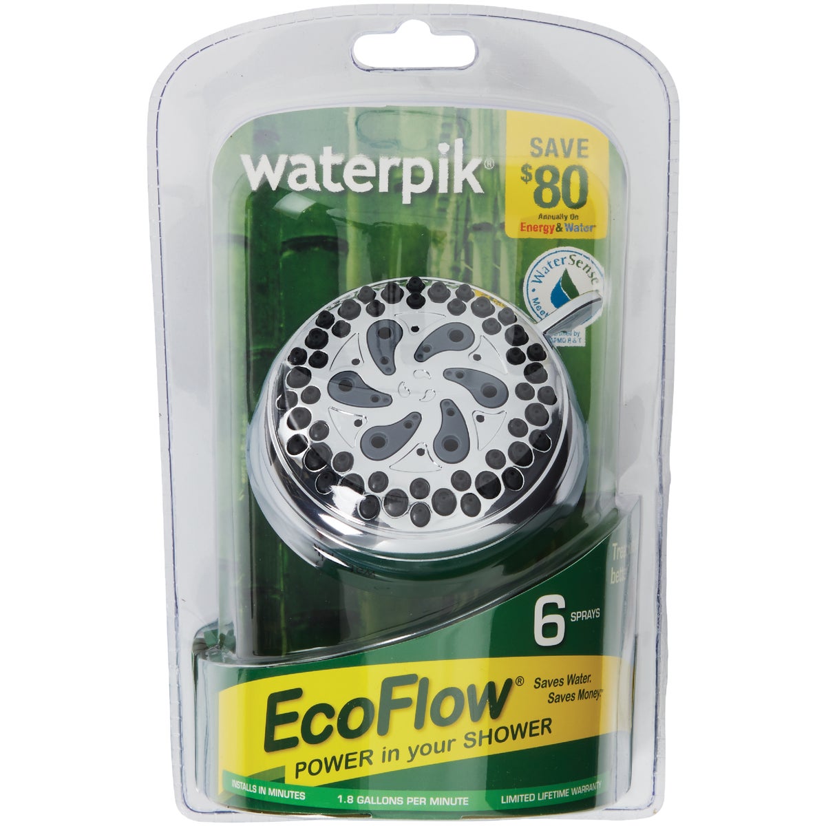 Waterpik EcoFlow 6-Spray 1.8 GPM Fixed Showerhead, Chrome