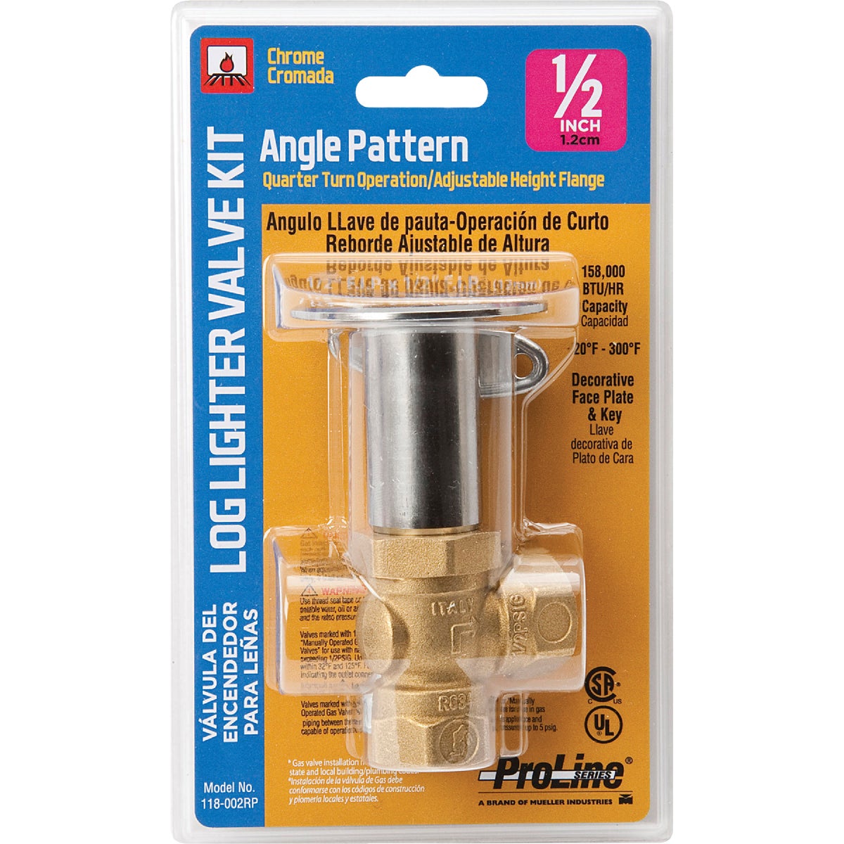 ProLine Angle Pattern 98,000 BTU Brass/Chrome Plated Log Lighter Gas Valve