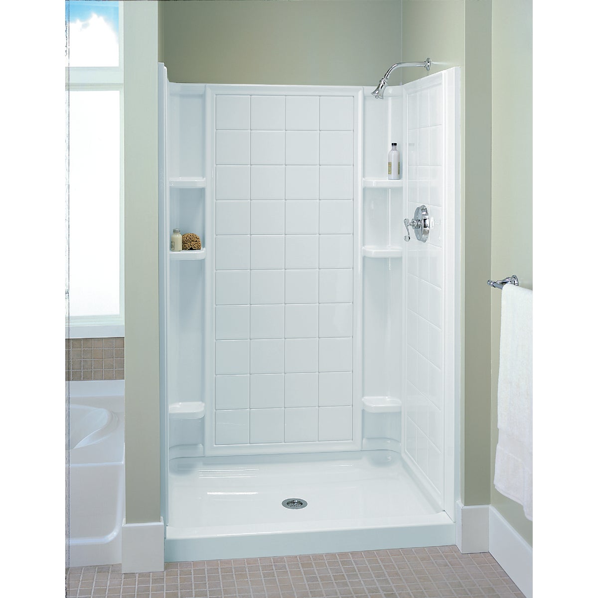 Sterling Ensemble 48 In. W x 34 In. D Center Drain Shower Floor & Base in White