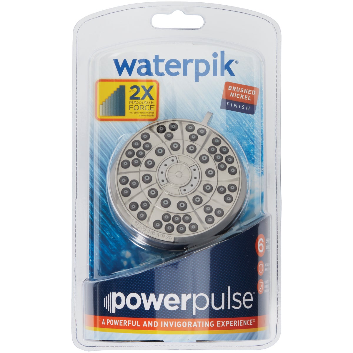 Waterpik PowerPulse 6-Spray 1.8 GPM Fixed Showerhead, Brushed Nickel