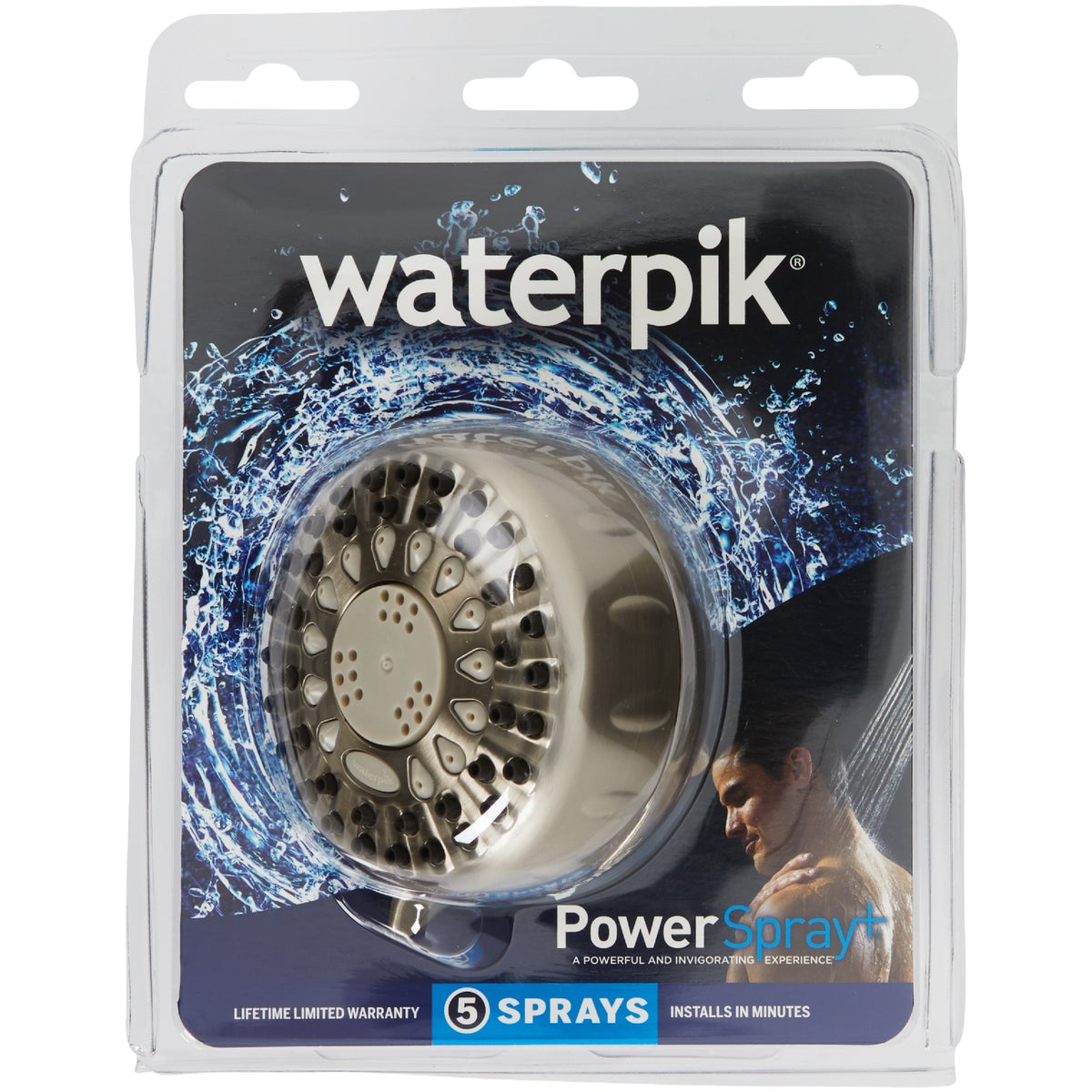 Waterpik PowerSpray+ 5-Spray 1.8 GPM Fixed Showerhead, Brushed Nickel