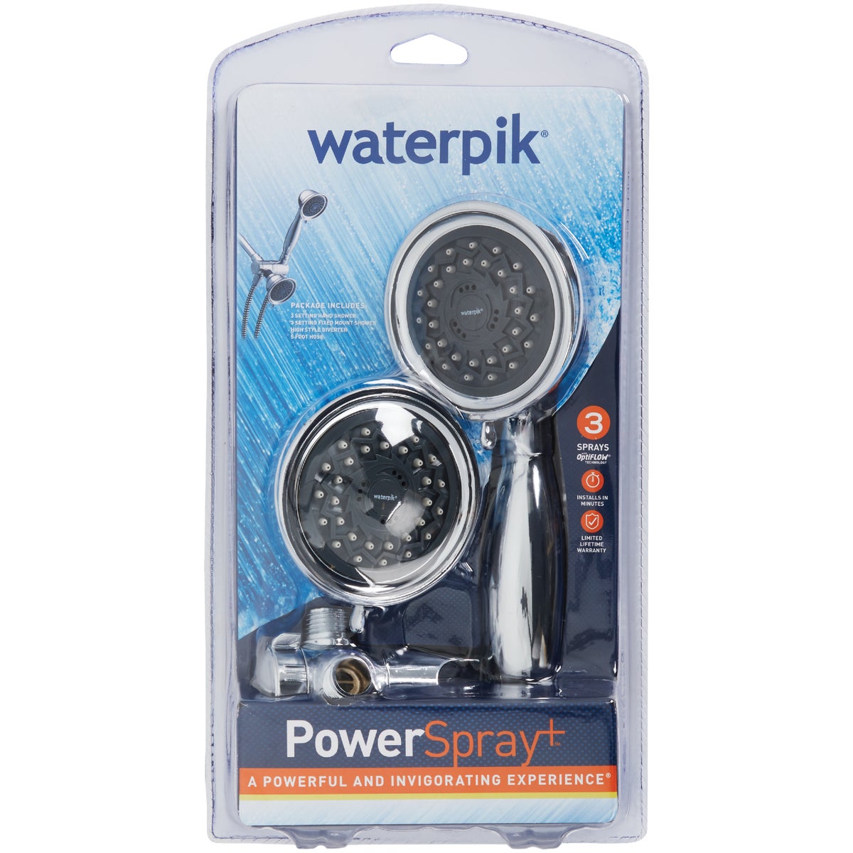 Waterpik PowerSpray+ Design Essential 3-Spray 1.8 GPM Combo Handheld Shower & Showerhead, Chrome