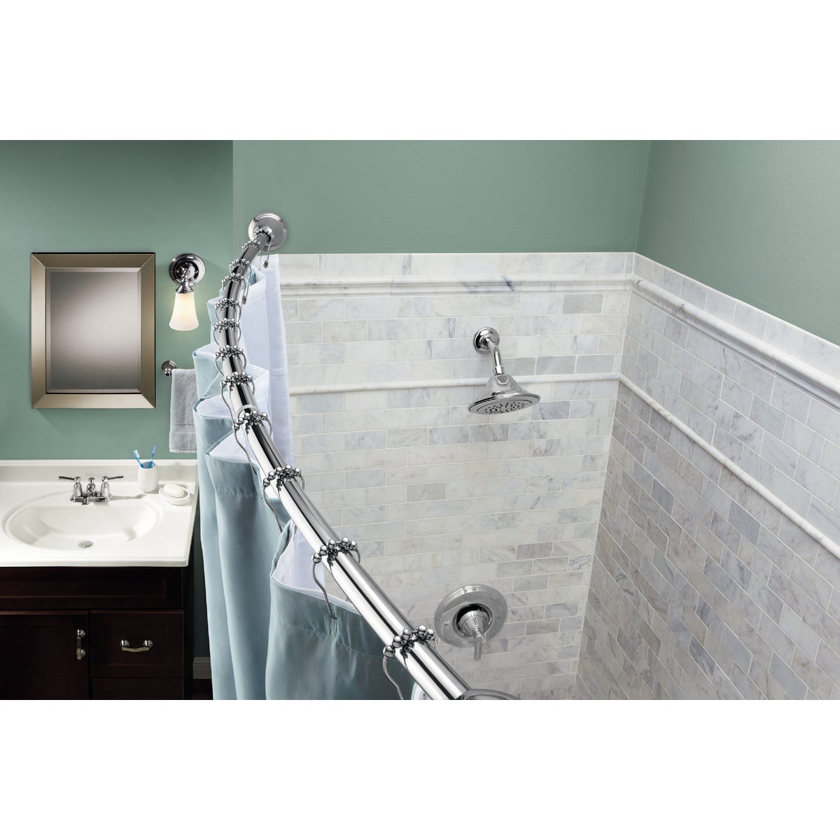 Moen Curved 57 In. To 60 In. Tension Shower Rod with Pivoting Flanges in Chrome