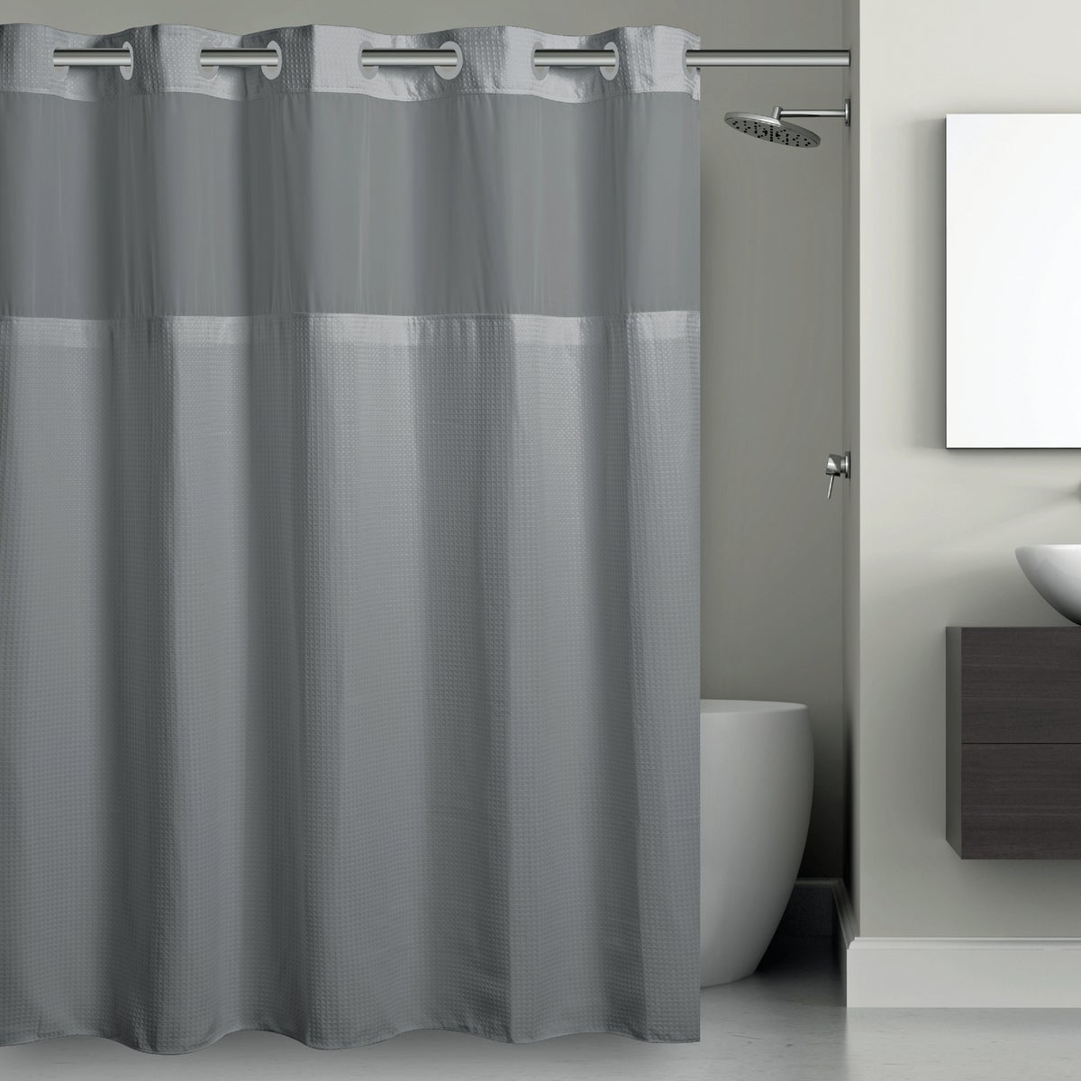 SureFit 71 In. x 74 In. Solid Frost Gray Microfiber Hookless Shower Curtain with PEVA Liner