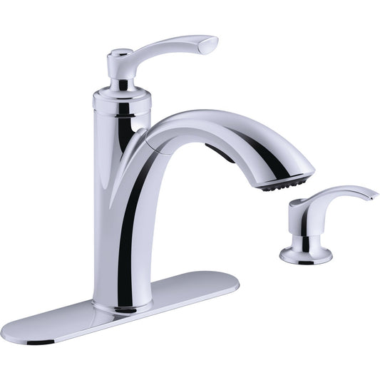 Kohler Linwood Single Handle Lever Pull-Out Kitchen Faucet with Soap Dispenser, Chrome