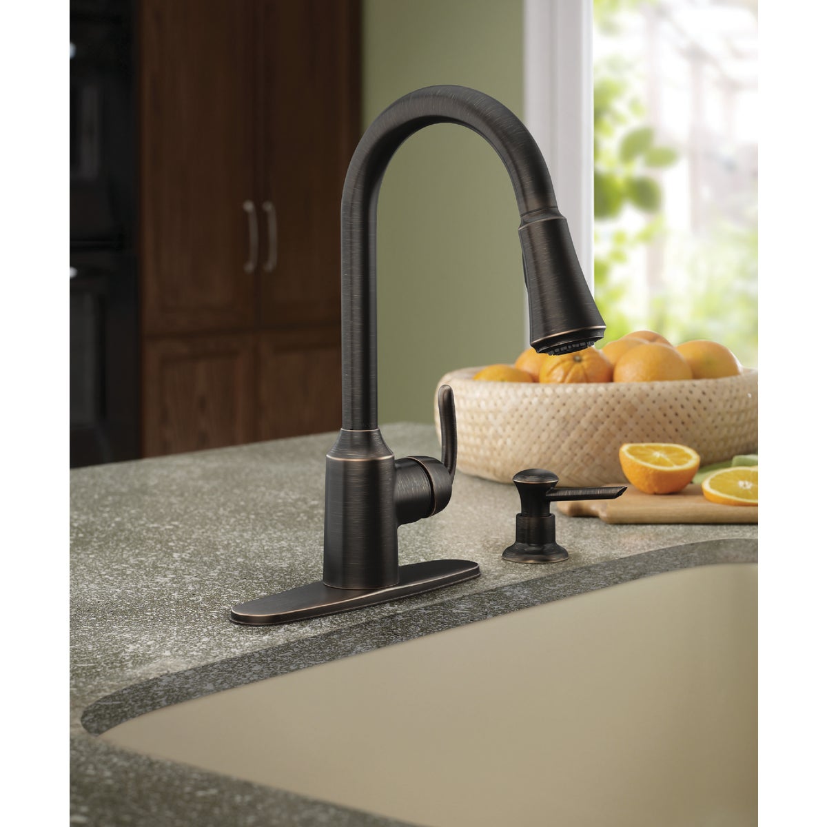 Moen Bayhill Single Handle Lever Pull-Down Kitchen Faucet with Soap Dispenser, Mediterranean Bronze