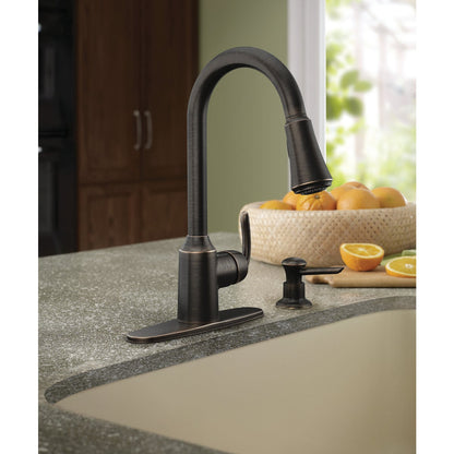 Moen Bayhill Single Handle Lever Pull-Down Kitchen Faucet with Soap Dispenser, Mediterranean Bronze