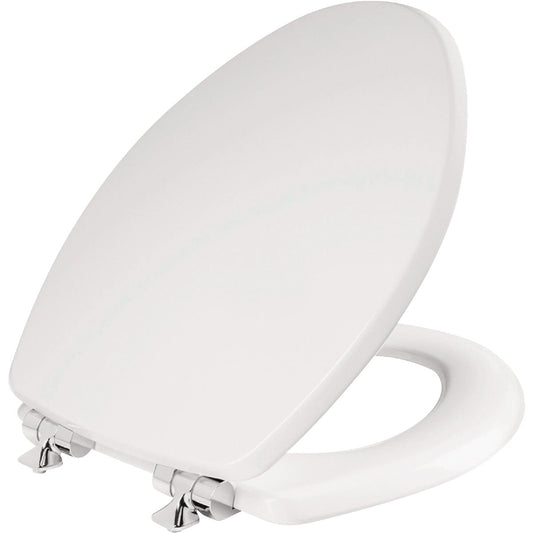 Mayfair Benton Elongated White Enameled Wood Toilet Seat with Slow Close Chrome Metal Hinge