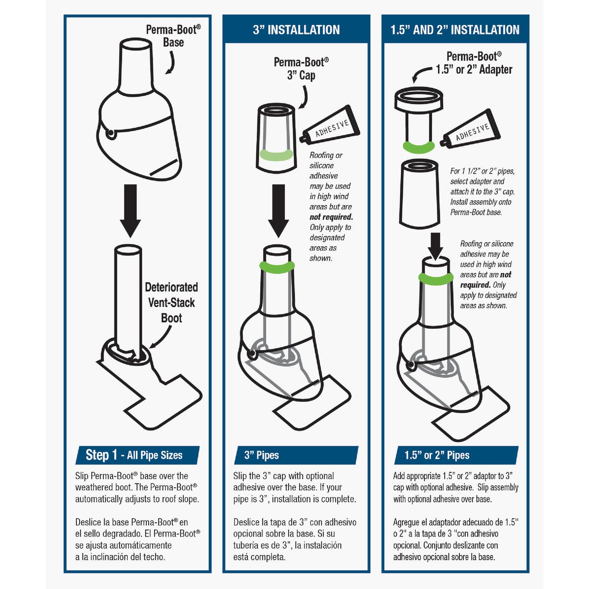 Perma-Boot TPO Plastic 3in1 Roof Pipe Flashing, fits 1-1/2 In., 2 In. & 3 In. Pipes