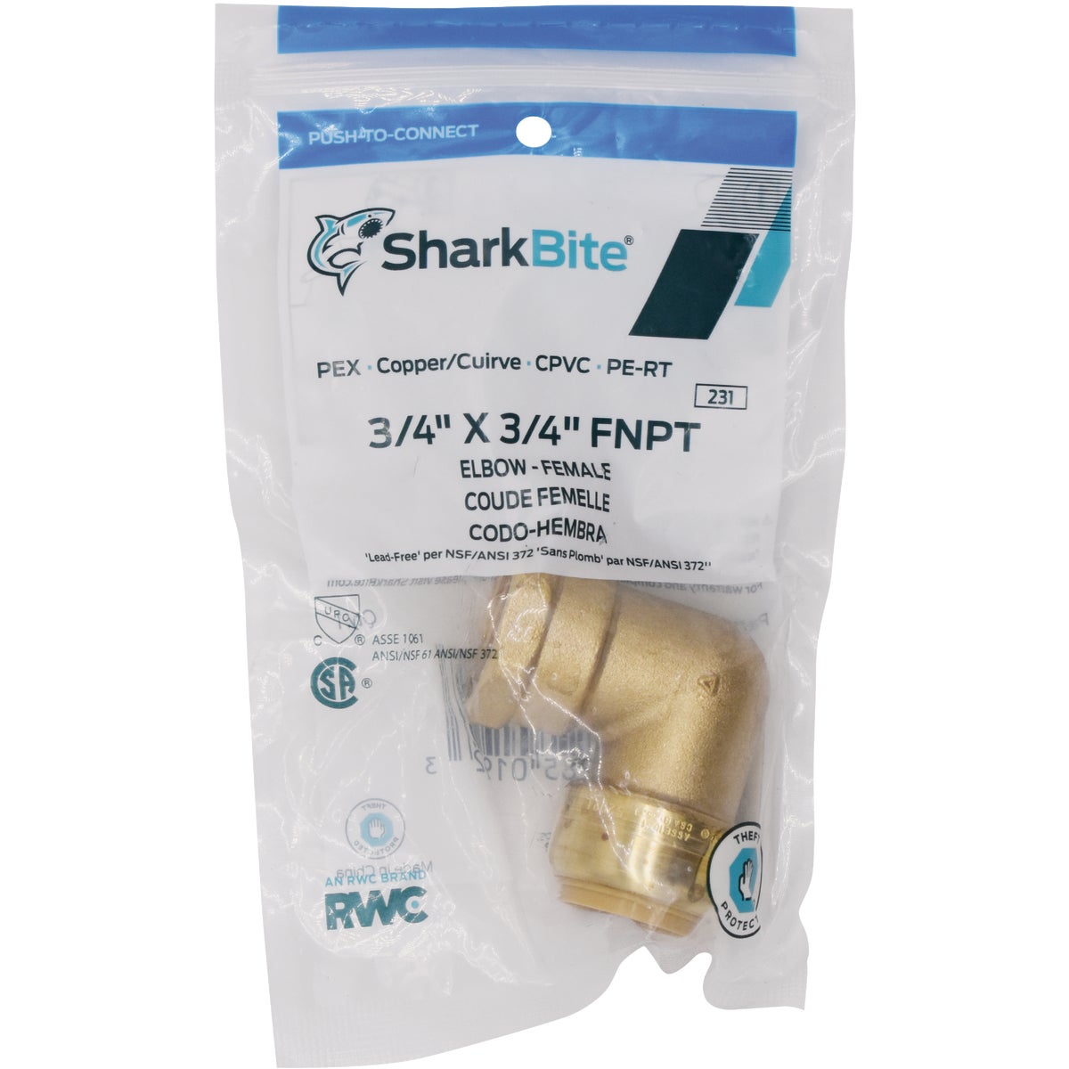 SharkBite 3/4 In. x 3/4 In. Push-to-Connect FNPT Brass Elbow (1/4 Bend)