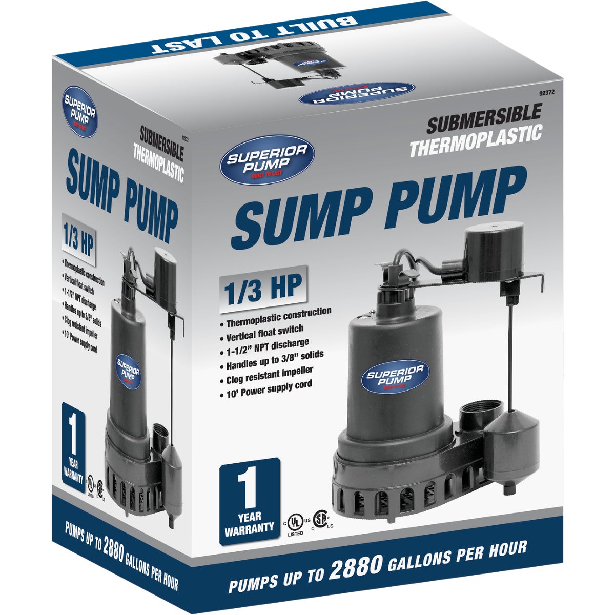 Superior Pump 1/3 HP Thermoplastic Submersible Sump Pump with Vertical Float Switch