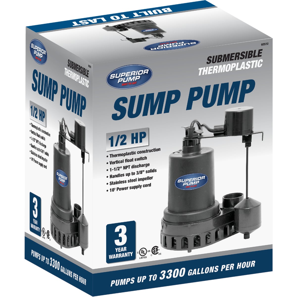 Superior Pump 1/2 HP Thermoplastic Submersible Sump Pump with Vertical Float Switch