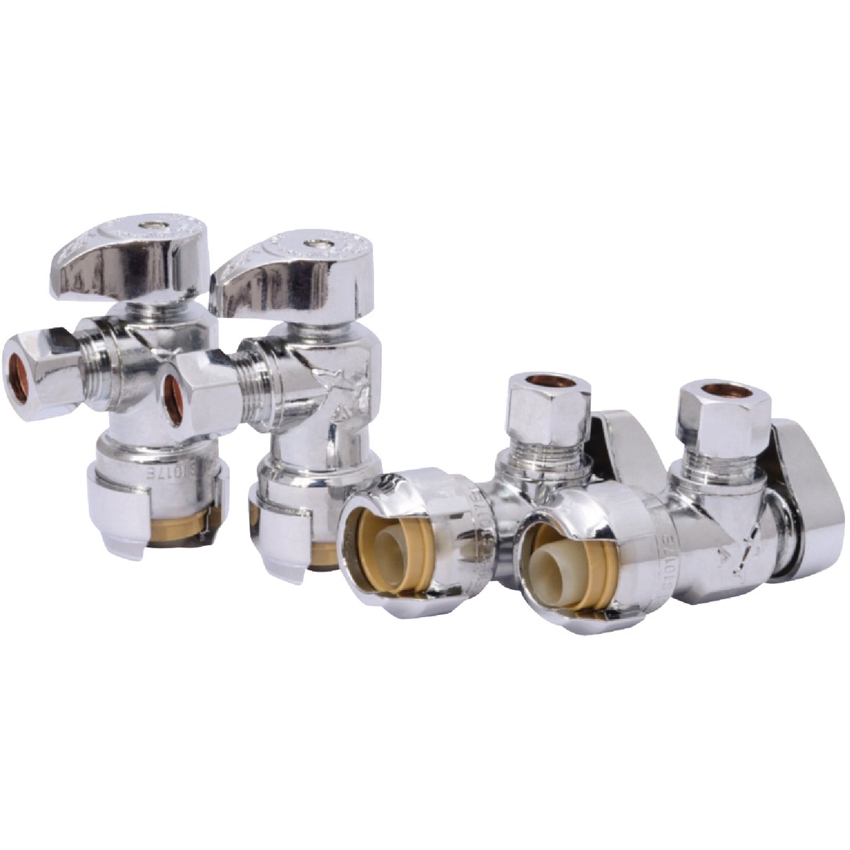 SharkBite 1/2 In. Push-to-Connect x 3/8 In. OD Compression Chrome-Plated Brass Quarter Turn Angle Valve (4-Pack)