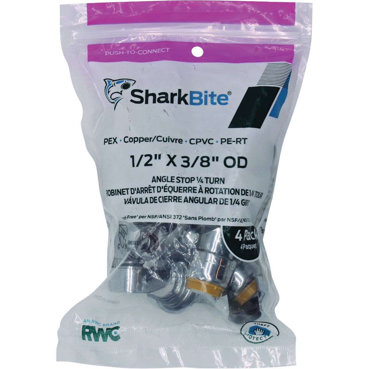 SharkBite 1/2 In. Push-to-Connect x 3/8 In. OD Compression Chrome-Plated Brass Quarter Turn Angle Valve (4-Pack)