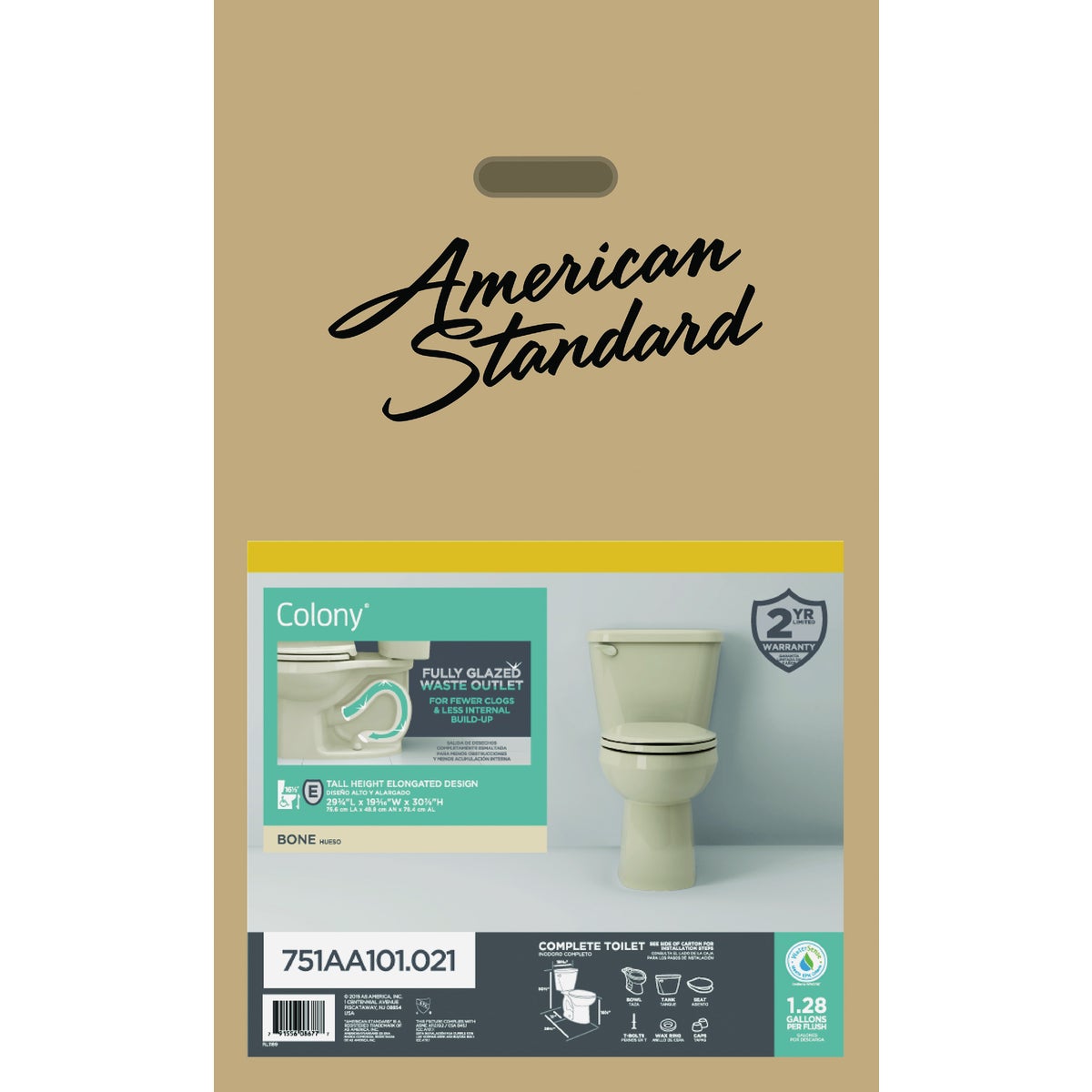 American Standard Colony Right Height Bone Elongated Bowl 1.28 GPF Toilet-To-Go