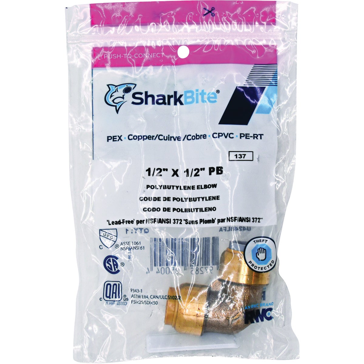 SharkBite 1/2 In. CTS x 1/2 In. Polybutylene 90 Deg. Push-to-Connect Conversion Brass Elbow