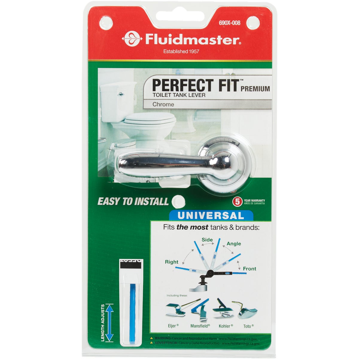 Fluidmaster Perfect Fit Premium Chrome Tank Lever with Plastic Telescoping Arm