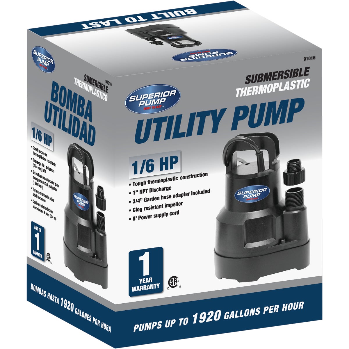 Superior Pump 1/6 HP 1920 GPH Oil-Free Submersible Utility Pump