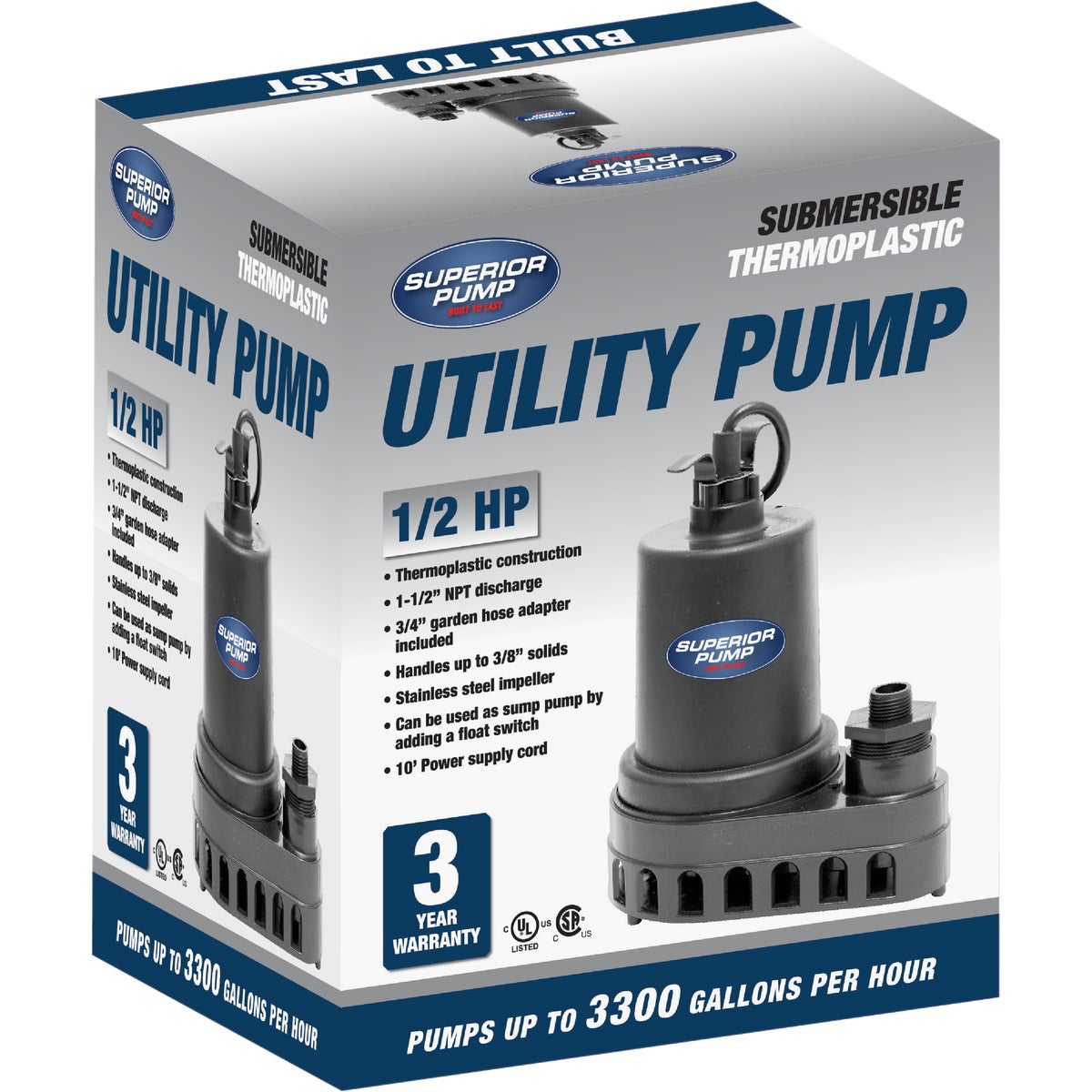 Superior Pump 1/2 HP 3300 GPH Thermoplastic Submersible Utility Pump