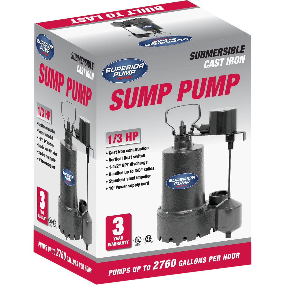 Superior Pump 1/3 HP Cast Iron Submersible Sump Pump with Vertical Float Switch & Stainless Steel Impeller