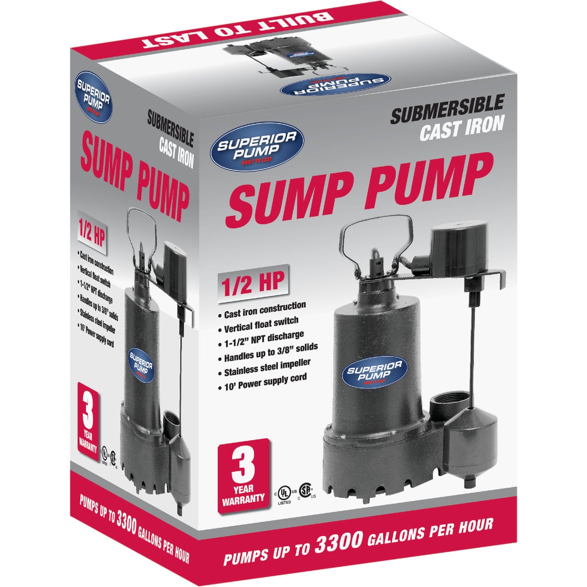 Superior Pump 1/2 HP Cast Iron Submersible Sump Pump with Vertical Float Switch & Stainless Steel Impeller