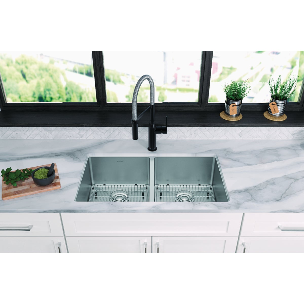 Elkay Crosstown Double Bowl 33 In. x 22 In. x 9 In. Deep Stainless Steel Kitchen Sink Kit, Dual-Mount