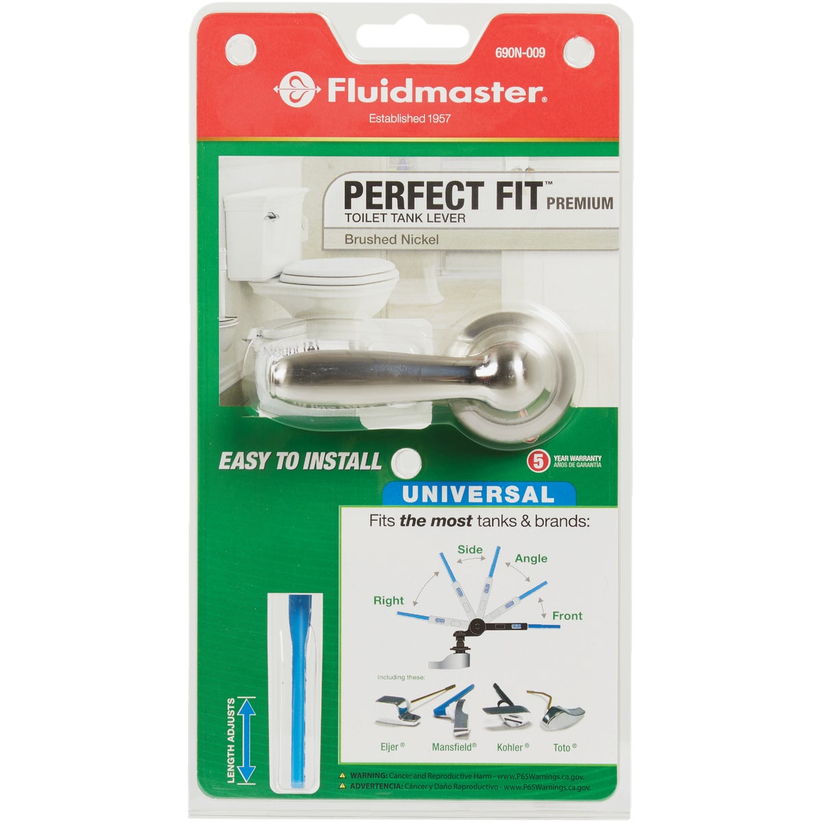 Fluidmaster Perfect Fit Premium Brushed Nickel Tank Lever with Plastic Telescoping Arm