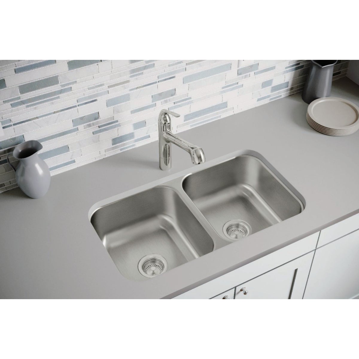 Elkay Dayton Double Bowl 31-3/4 In. x 18-1/4 In. x 8 In. Deep Stainless Steel Kitchen Sink, Undermount