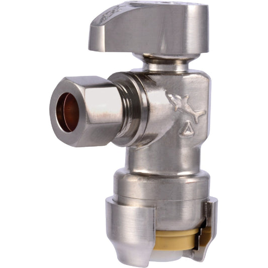 SharkBite 1/2 In. Push-to-Connect x 3/8 in. OD Compression Brushed Nickel Finish Brass Quarter Turn Angle Valve