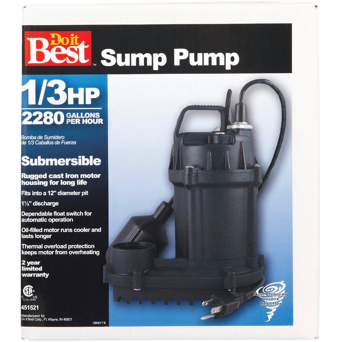 Do it Best 1/3 HP 115V Cast-Iron Submersible Sump Pump