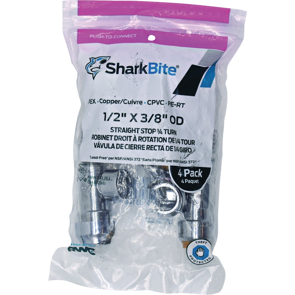 SharkBite 1/2 In. x 3/8 In. Compression Brass Straight Stop Valve (4-Pack)