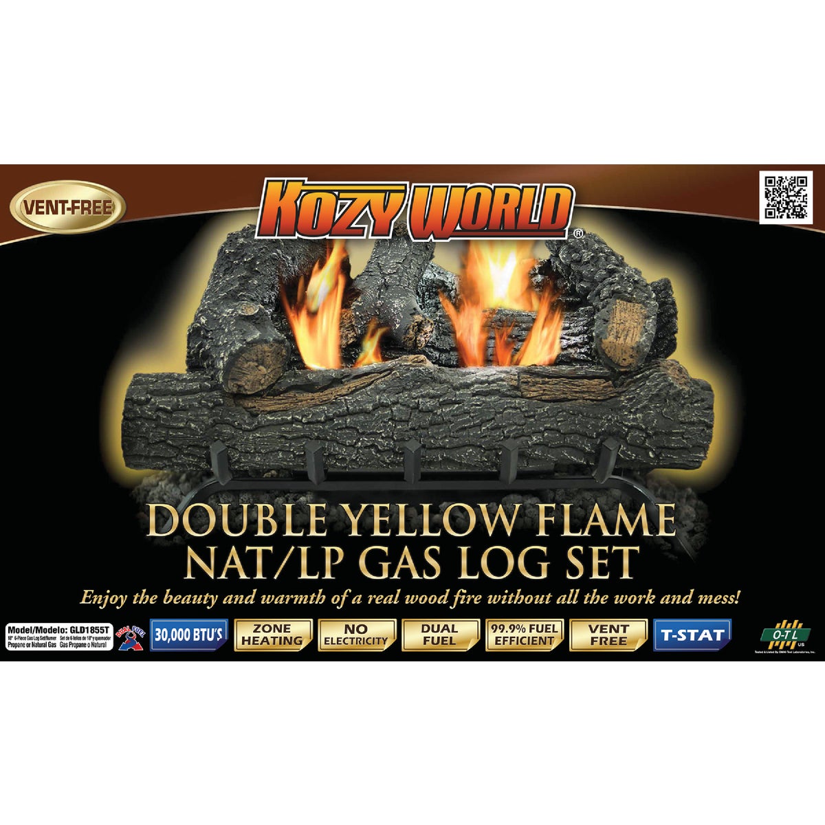 KozyWorld 18 In. L 30,000 BTU Black Forest Vent-Free Gas Logs