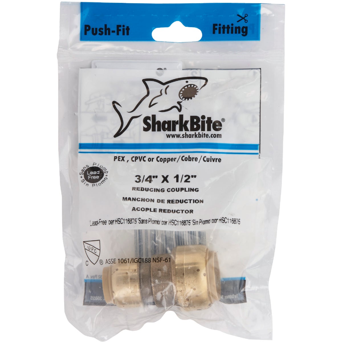 SharkBite 1/2 In. x 3/4 In. Push-to-Connect Brass Coupling